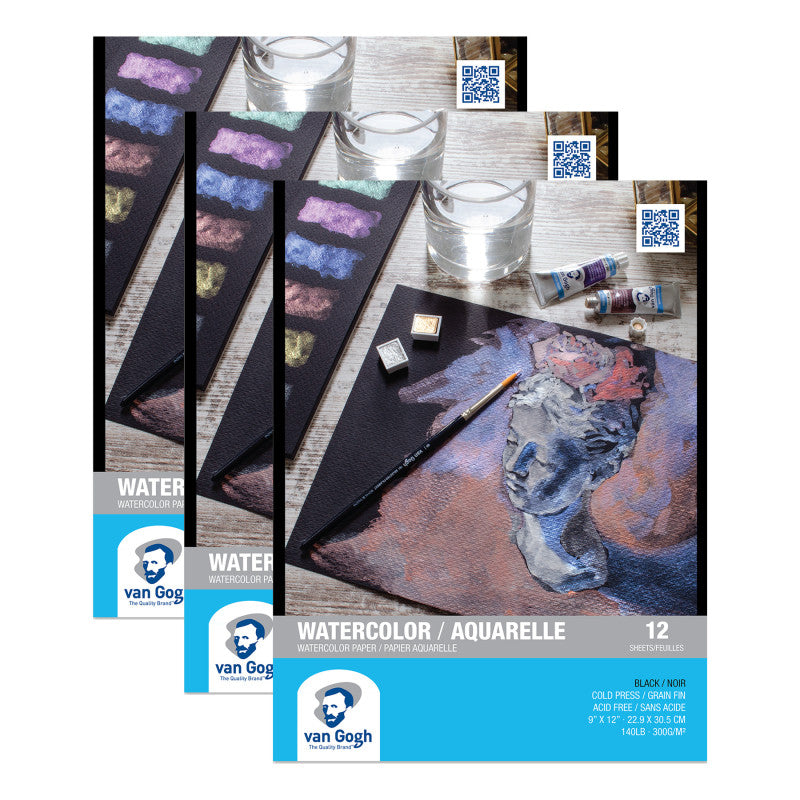 Watercolor Paper Pad, 140lbs, Black, Cold Press, 9" x 12", 12 Sheets, Pack of 3
