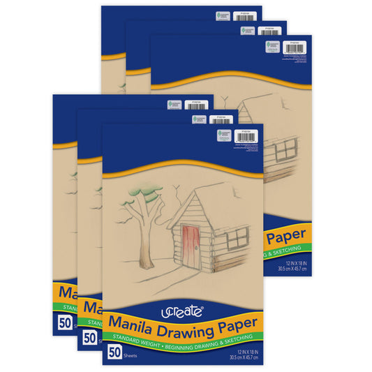 Drawing Paper, Manila, Standard Weight, 12" x 18", 50 Sheets Per Pack, 6 Packs