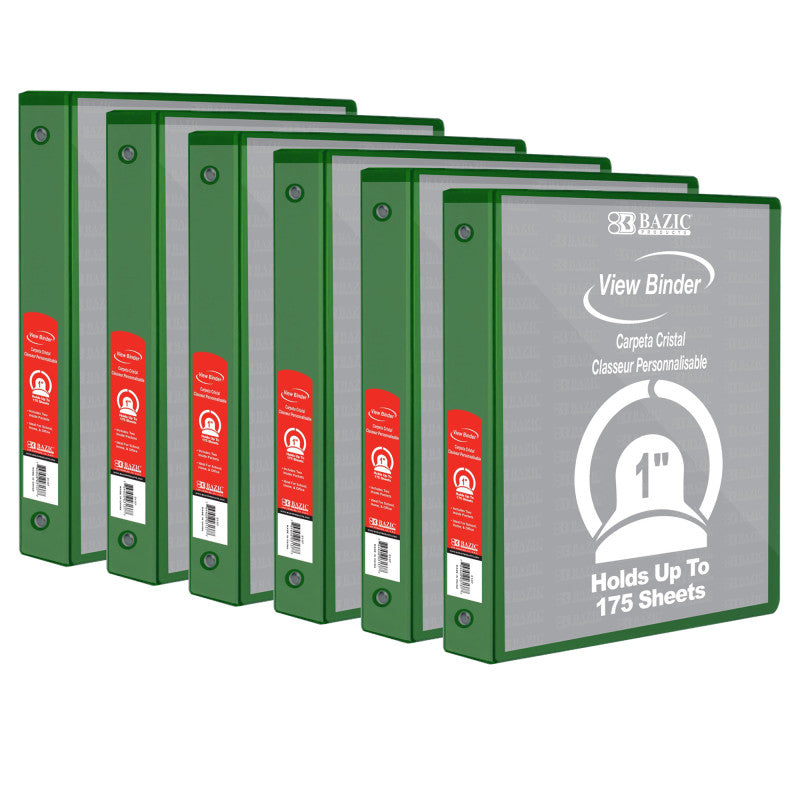 3-Ring View Binder with 2 Pockets, 1", Green, Pack of 6