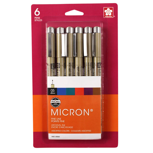 Pigma Micron Pens, Size 05, Assorted Colors, 6-Piece Set, Blister Card