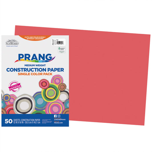 Construction Paper, Medium Weight, Red, 12" x 18", 50 Sheets