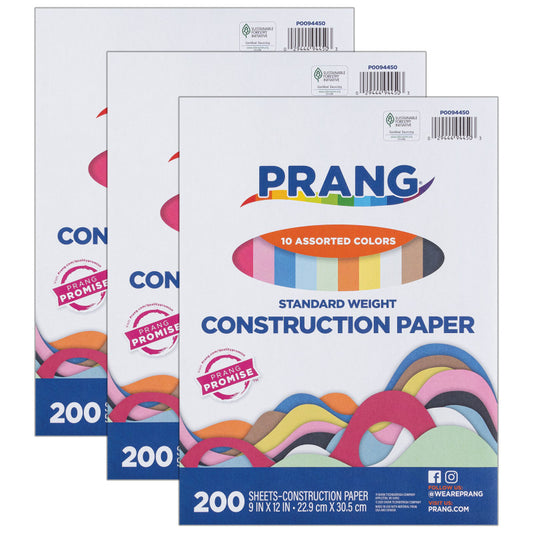 Construction Paper, Standard Weight, 10 Assorted Colors, 9" x 12", 200 Sheets Per Pack, 3 Packs