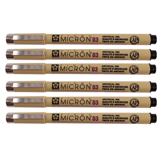 Pigma Micron Pen, Black, 0.35mm Size 03, Pack of 6