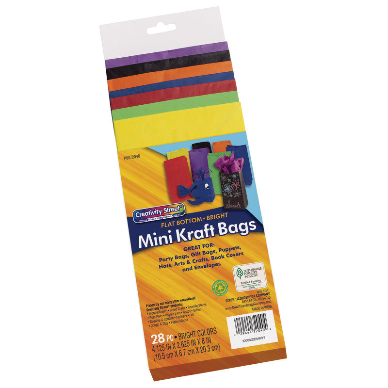 Mini Kraft Bag, Assorted Bright Colors, 4-1/8" x 2-5/8" x 8", 28 Bags