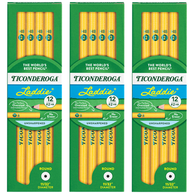 Laddie® Wood-Cased Pencils, #2 HB Soft, Yellow, 12 Per Pack, 3 Packs