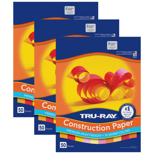 Construction Paper, Heavyweight, Warm Assorted, 12" x 18", 50 Sheets Per Pack, 3 Packs