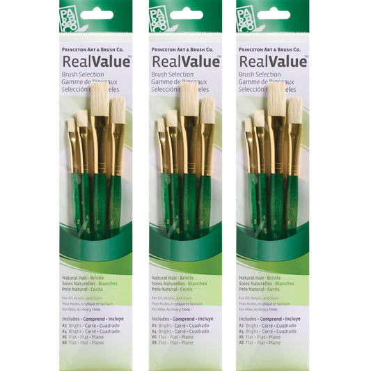RealValue Brush Set, Natural Bristles, Short Handle Mixed Media Paintbrush, Green, 4 Per Set, 3 Sets