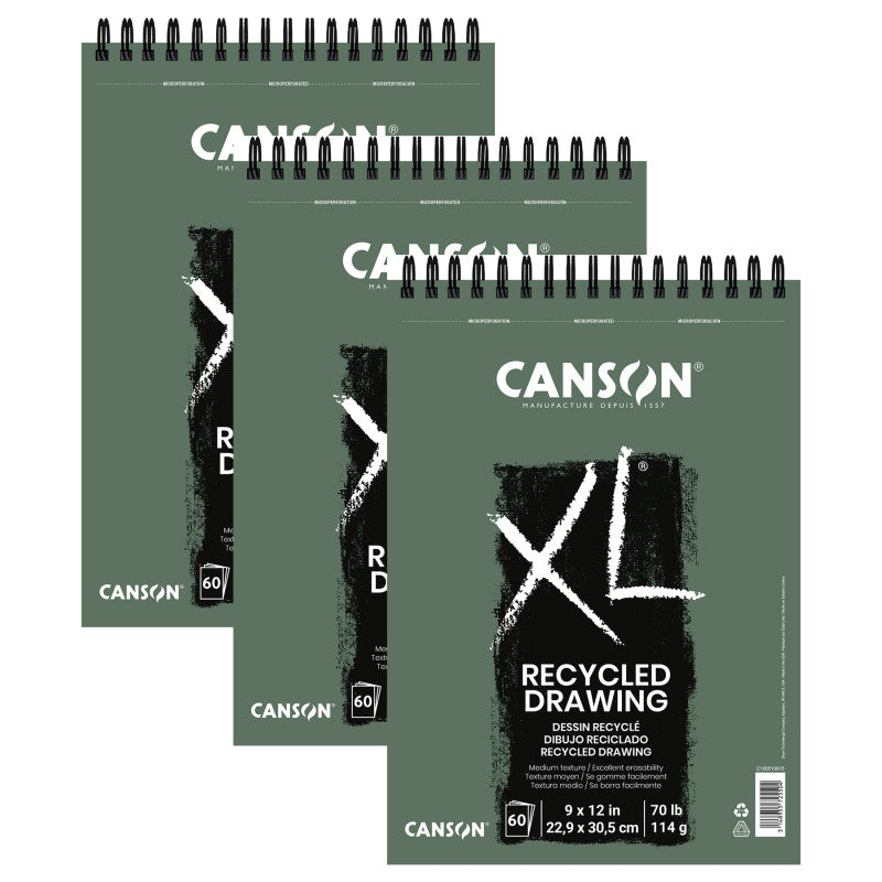 XL Series Drawing Pad, Recycled, Top Wire Binding, 60 Sheet, 9x12 inch, Pack of 3