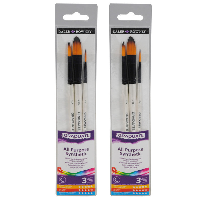 Graduate Watercolor Brush Set, Synthetic, 3 Pieces Per Set, 2 Sets