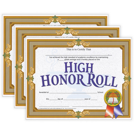 High Honor Roll Certificate, 8.5" x 11", 30 Per Pack, 3 Packs