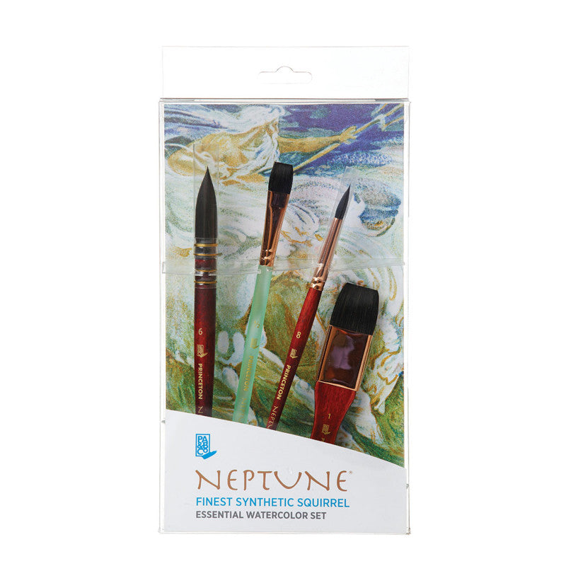 Neptune Watercolor Brush Set, Synthetic Bristles, Short Handle Watercolor Paintbrush, Dark Wood, 4 Pieces