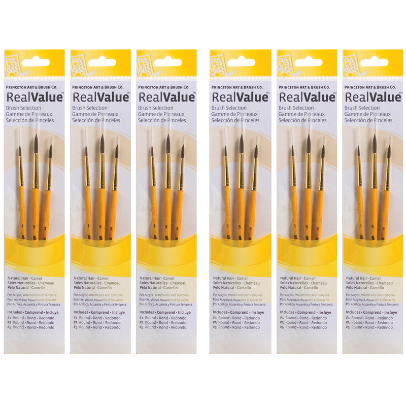 RealValue Round Brush Set, Camel Bristles, Short Handle Mixed Media Paintbrush, Yellow, 3 Per Set, 6 Sets