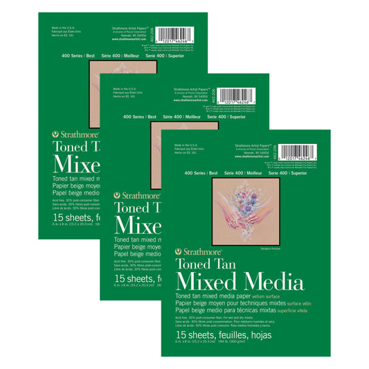400 Series Mixed Media Pad, Toned Tan, Glue Binding, 15 Sheet, 6x8 inch, Pack of 3
