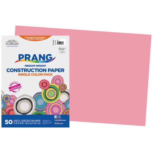 Construction Paper, Medium Weight, Pink, 12" x 18", 50 Sheets