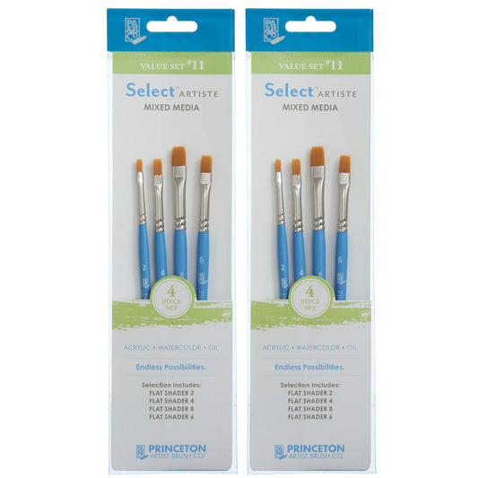 Select Artiste Brush Set No. 11, Synthetic Bristles, Short Handle Mixed Media Paintbrush, Jewel Blue, 4 Per Set, 2 Sets