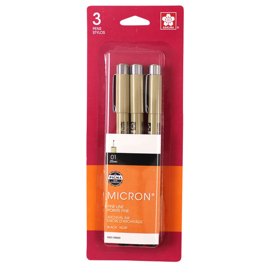 Pigma Micron Pens, Size 01 Fine Point, Black, 3-Pack, Blister Pack