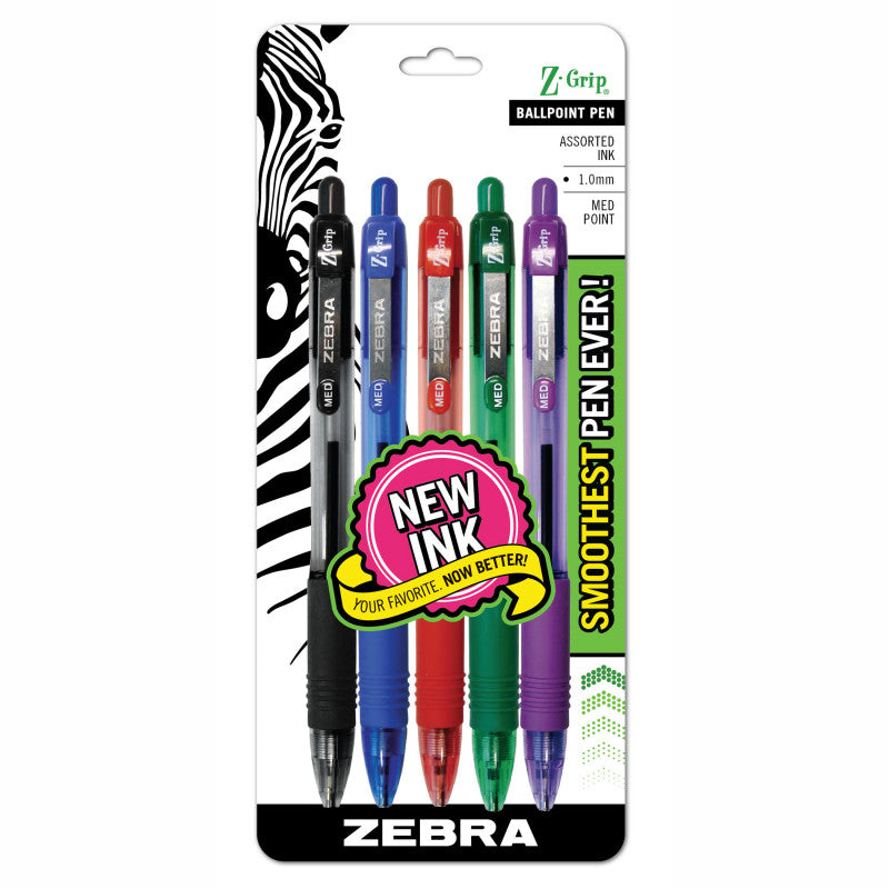 Z-Grip Ballpoint Retractable Pen, 1.0mm, Assorted, 5-Pack