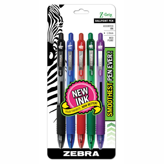 Z-Grip Ballpoint Retractable Pen, 1.0mm, Assorted, 5-Pack