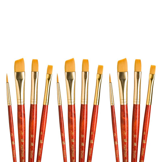 RealValue Brush Set, Gold Taklon Bristles, Short Handle Mixed Media Paintbrush, Red, 4 Per Set, 3 Sets