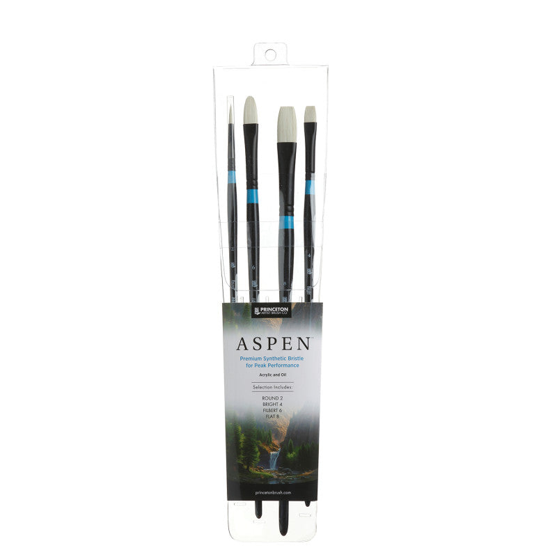 Aspen Brush Set, Synthetic Bristles, Long Handle Acrylic & Oil Paintbrush, Black, 4 Pieces