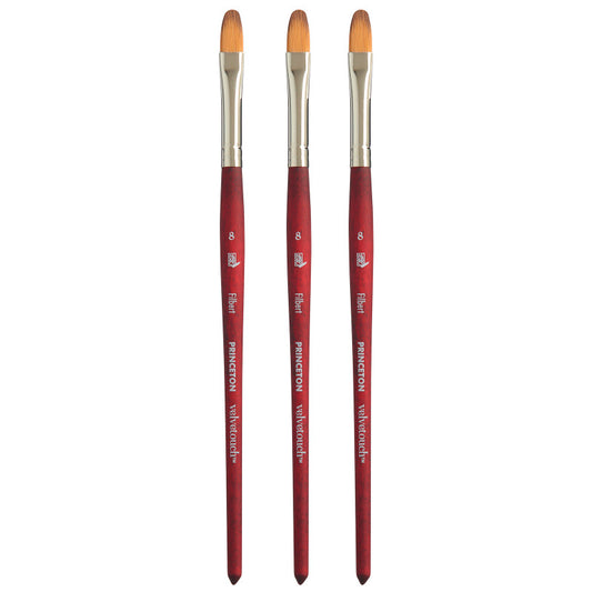 Velvetouch Filbert Brush, Synthetic Bristles, Short Handle Mixed Media Paintbrush, Scarlet, Size 8, Pack of 3