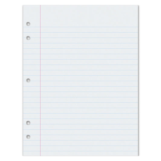 Composition Paper, White, 5-Hole Punched, Red Margin, 3/8" Ruled, 8" x 10-1/2", 500 Sheets
