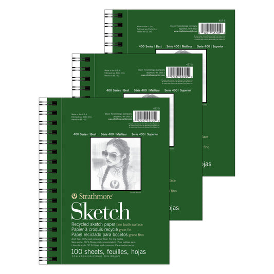 400 Series Sketch Pad, Recycled, Side Wire Binding, 100 Sheet, 5.5x8.5 inch, Pack of 3