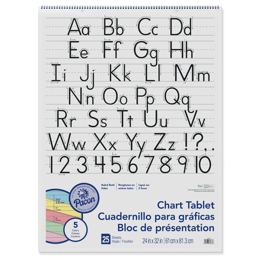 Colored Paper Chart Tablet, Manuscript Cover, 5 Assorted Colors, 1-1/2" Ruled, 24" x 32", 25 Sheets