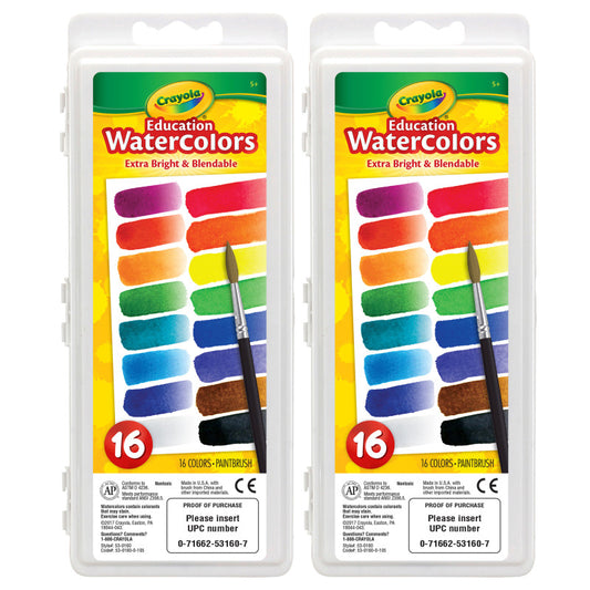 Education Oval Pans Watercolors Set, 16 Colors, Pack of 2