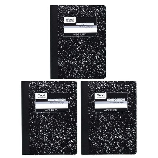 Composition Book, Wide Ruled, 100 Sheets, 9 3/4" x 7 1/2", Black Marble, Pack of 3