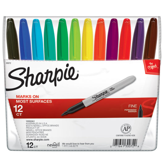 Fine Point Permanent Markers, Assorted, Set of 12