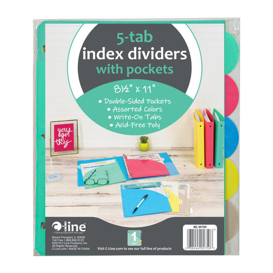 5-Tab Poly Index Dividers w/Slant Pocket, Asstd Colors