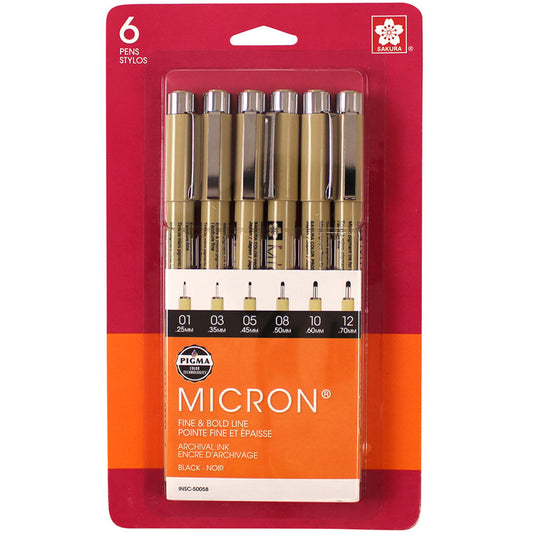Pigma Micron Pens, Black, Assorted Sizes, 6-Pack, Blister Card