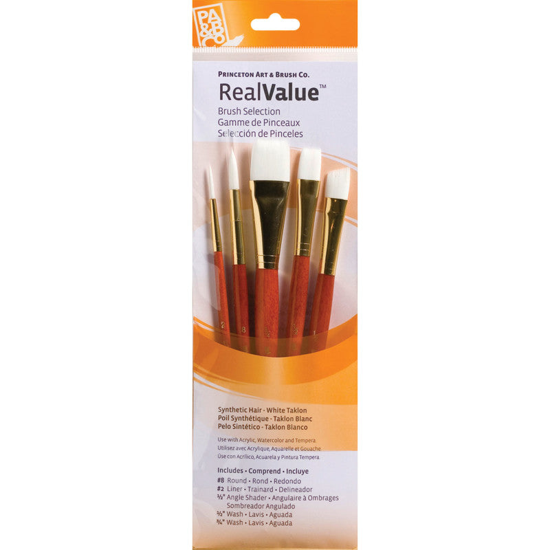 RealValue Brush Set, White Taklon Bristles, Short Handle Mixed Media Paintbrush, Orange, 5 Pieces