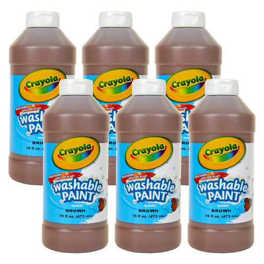 Washable Paint, Brown, 16 oz. Bottles, Pack of 6