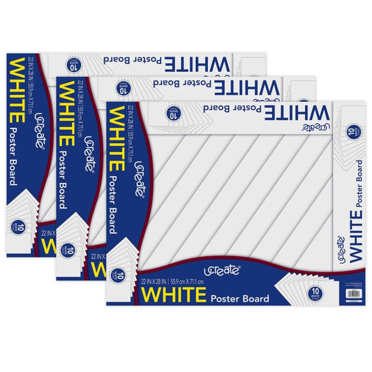 Poster Board, White, 22" x 28", 10 Sheets Per Pack, 3 Packs