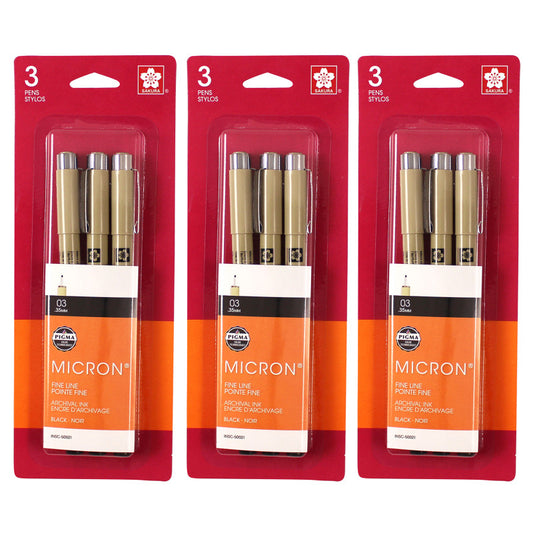 Pigma Micron Pens, Size 03 Fine Point, Black, 3 Per Set, 3 Sets
