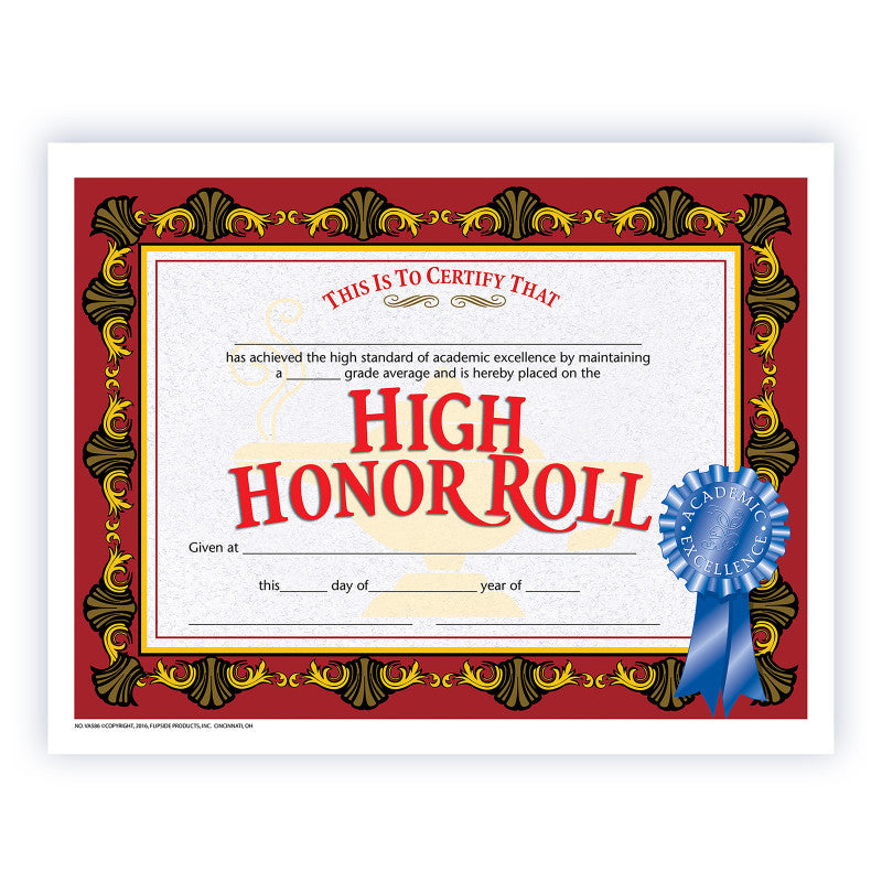 High Honor Roll Certificate, 8.5" x 11", Pack of 30