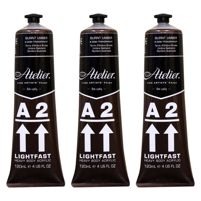 A2 Heavy Body Lightfast Artist Acrylic, 4 oz., Burnt Umber, Pack of 3