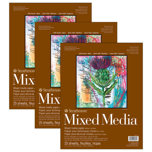 400 Series Mixed Media Pad, Glue Binding, 15 Sheet, 11x14 inch, Pack of 3