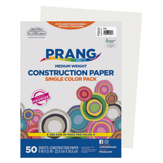 Construction Paper, Medium Weight, White, 9" x 12", 50 Sheets