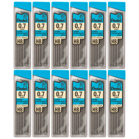 HB Super Hi-Polymer Leads, 0.7mm, Black, 30 Leads Per Pack, 12 Packs