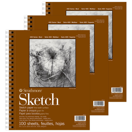 400 Series Sketch Pad, Side Wire Binding, 100 Sheet, 9x12 inch, Pack of 3