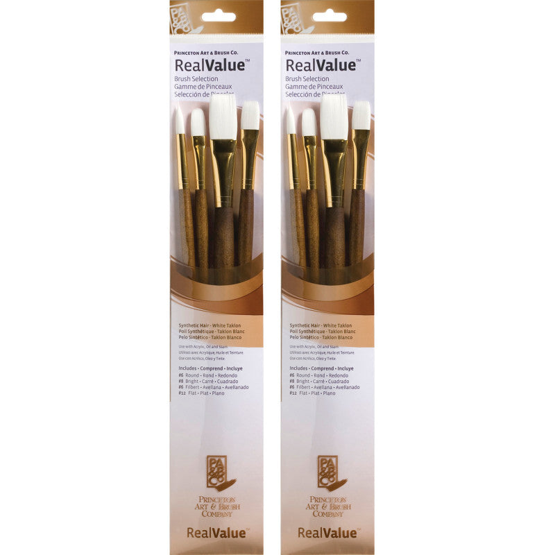 RealValue Brush Set, White Taklon Bristles, Long Handle Mixed Media Paintbrush, Brown, 4 Per Set, 2 Sets