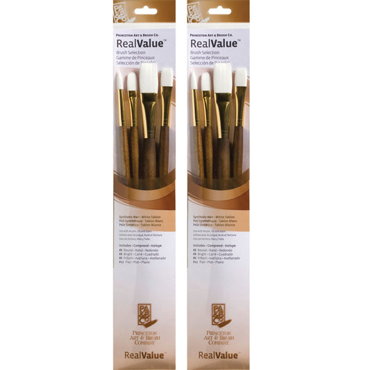 RealValue Brush Set, White Taklon Bristles, Long Handle Mixed Media Paintbrush, Brown, 4 Per Set, 2 Sets