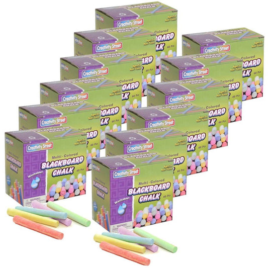 Blackboard Chalk, 5 Assorted Colors, 3/8" x 3-1/4", 60 Pieces Per Pack, 12 Packs