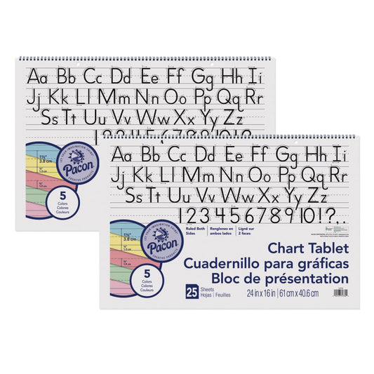 Colored Paper Chart Tablet, Manuscript Cover, 5 Assorted Colors, 1-1/2" Ruled, 24" x 16", 25 Sheets, Pack of 2