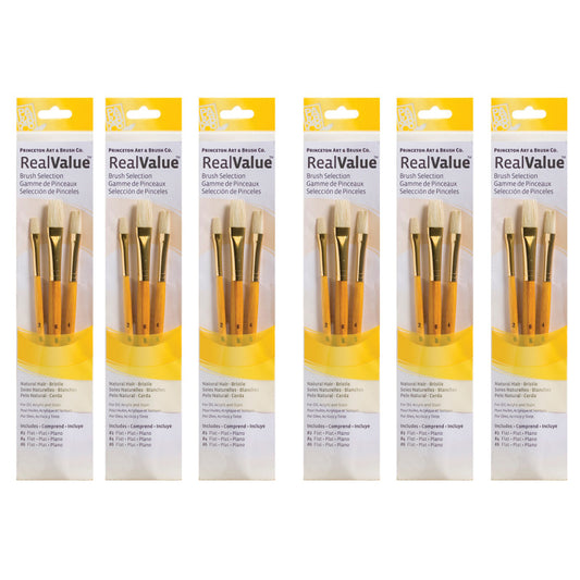 RealValue Brush Set, Natural Bristles, Short Handle Mixed Media Paintbrush, Yellow, 3 Per Set, 6 Sets