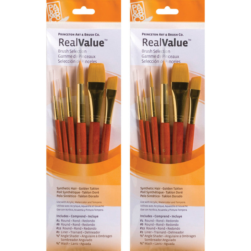 RealValue Brush Set, Gold Taklon Bristles, Short Handle Mixed Media Paintbrush, Orange, 6 Per Set, 2 Sets