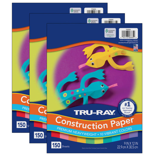 Construction Paper, Heavyweight, 10 Vibrant Colors, 9" x 12", 150 Sheets Per Pack, 3 Packs